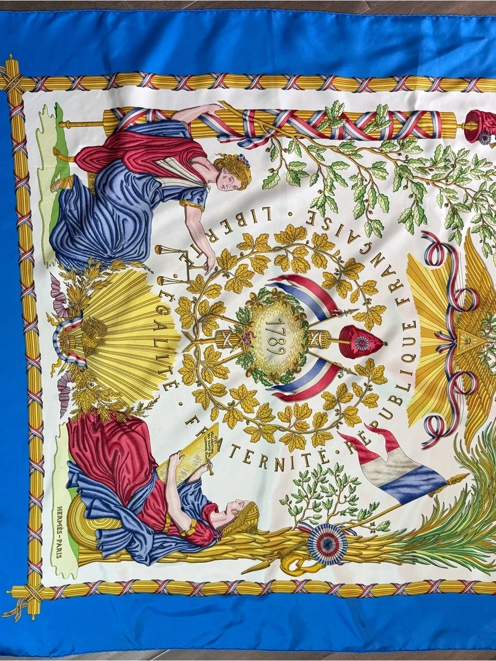 Hermès Vintage 1789 République Française Silk Carré 90 Scarf Blue/Multi